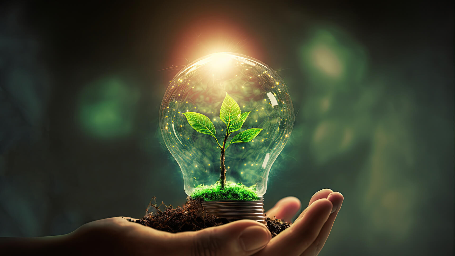 human hand holding a light bulb with a plant sprout inside