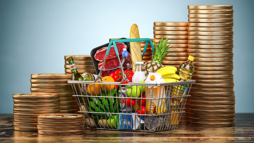 Shopping basket with foods and coin stacks